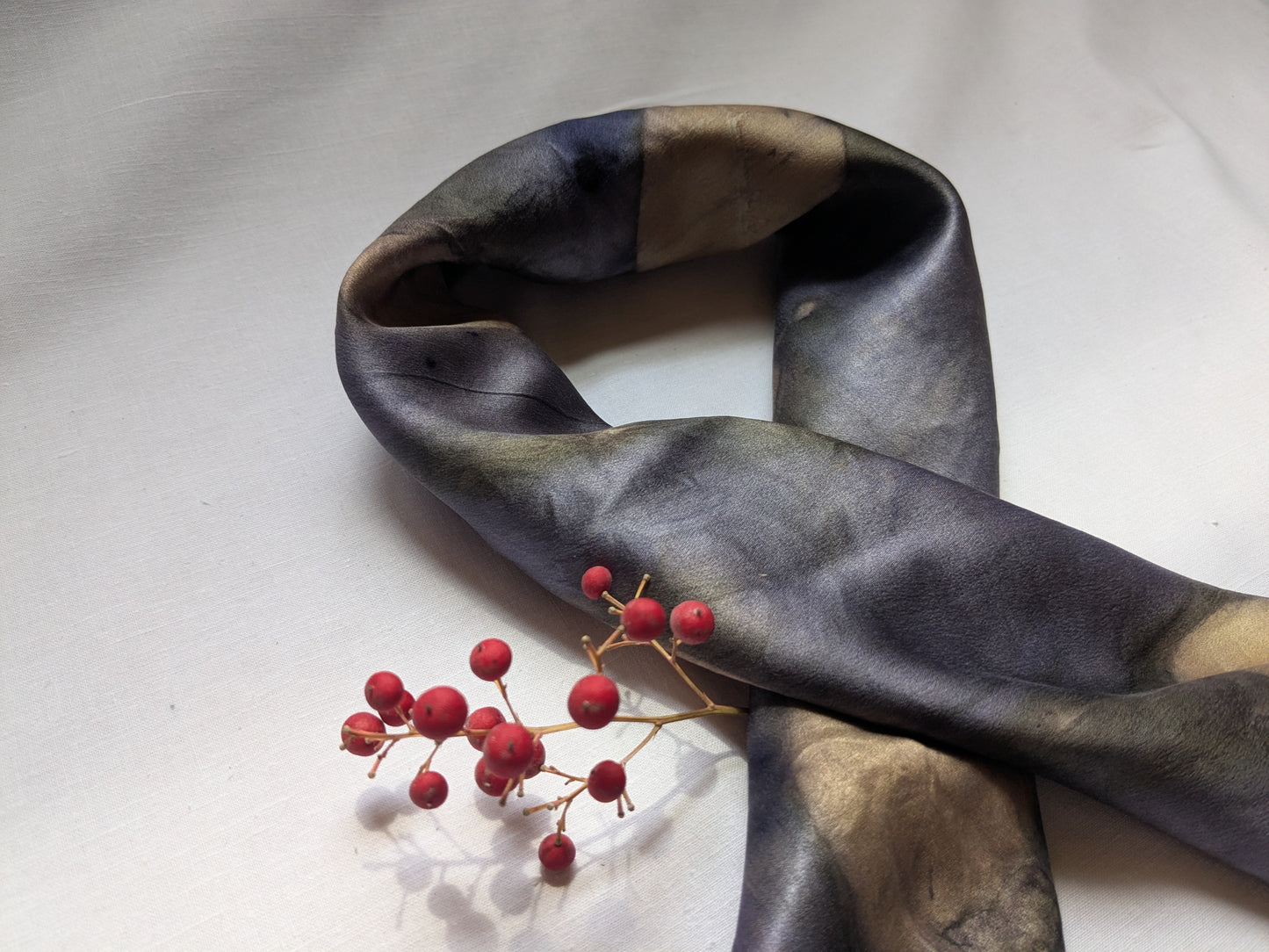Natural Logwood-Dyed Silk Scarf with smokebush leaves