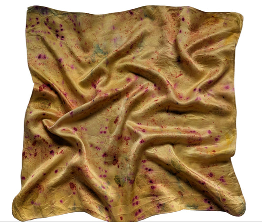 Plant dyed natural silk satin scarf, indigo leaves, marigold and cochineal