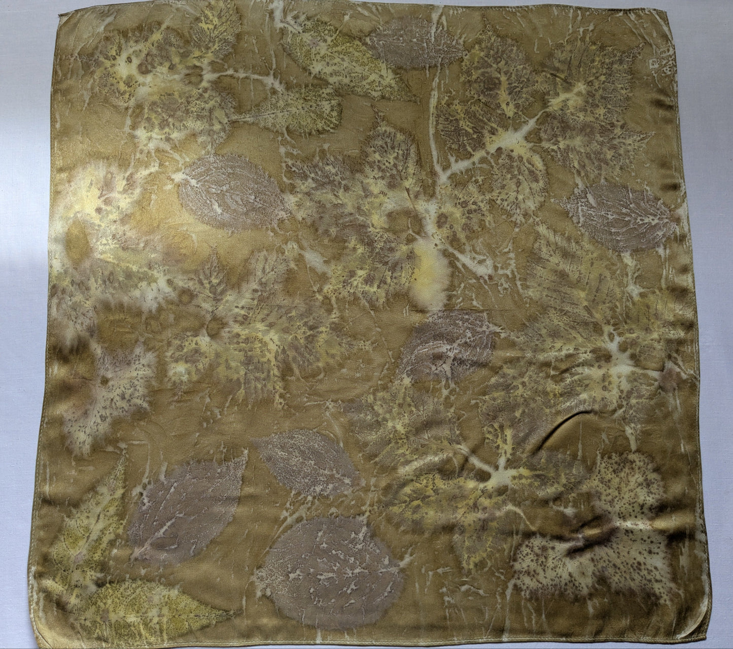 Eco printed natural silk satin scarf, pomegranate and leaves