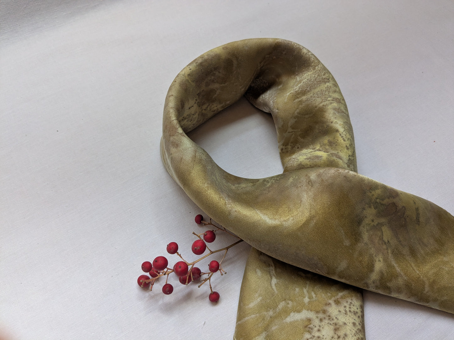Eco printed natural silk satin scarf, pomegranate and leaves