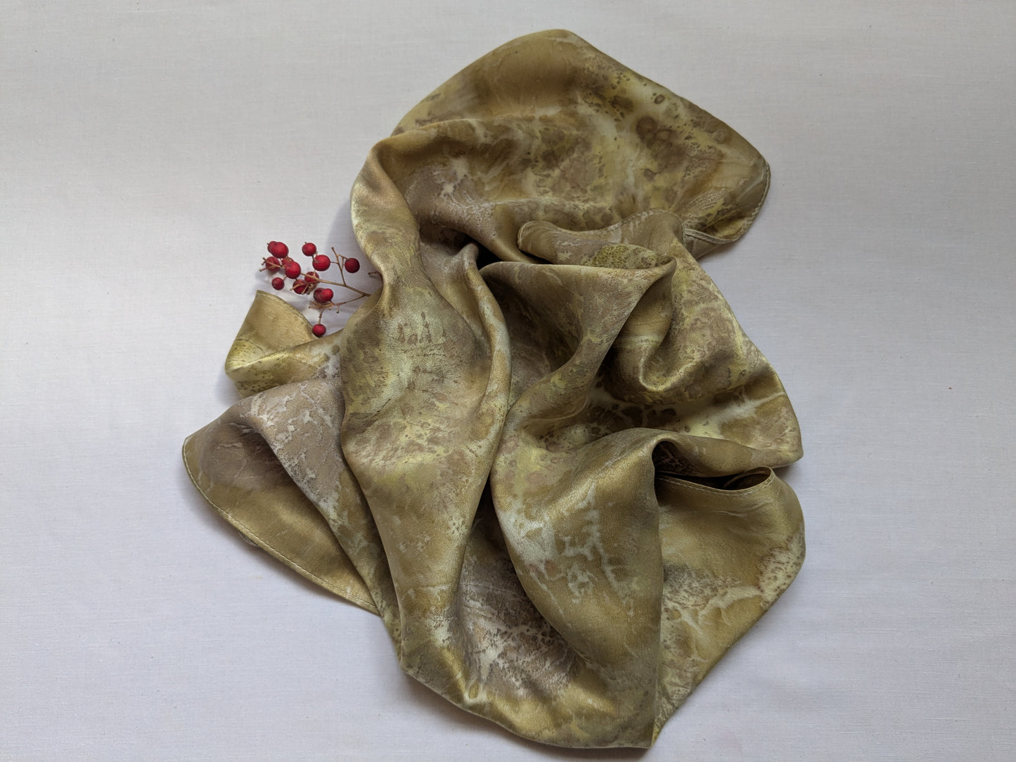 Eco printed natural silk satin scarf, pomegranate and leaves