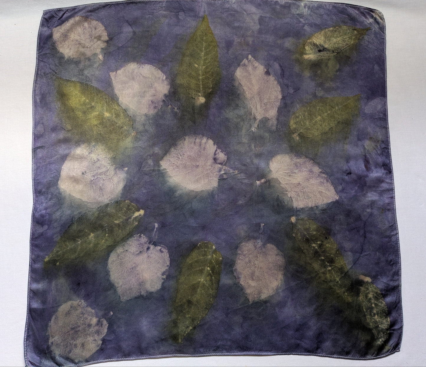 Eco printed natural silk satin scarf, logwood and leaves