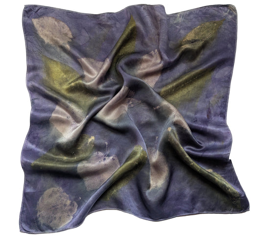Eco printed natural silk satin scarf, logwood and leaves
