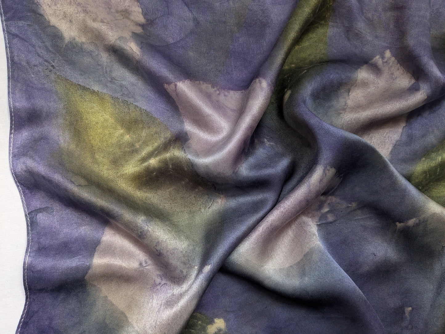 Eco printed natural silk satin scarf, logwood and leaves
