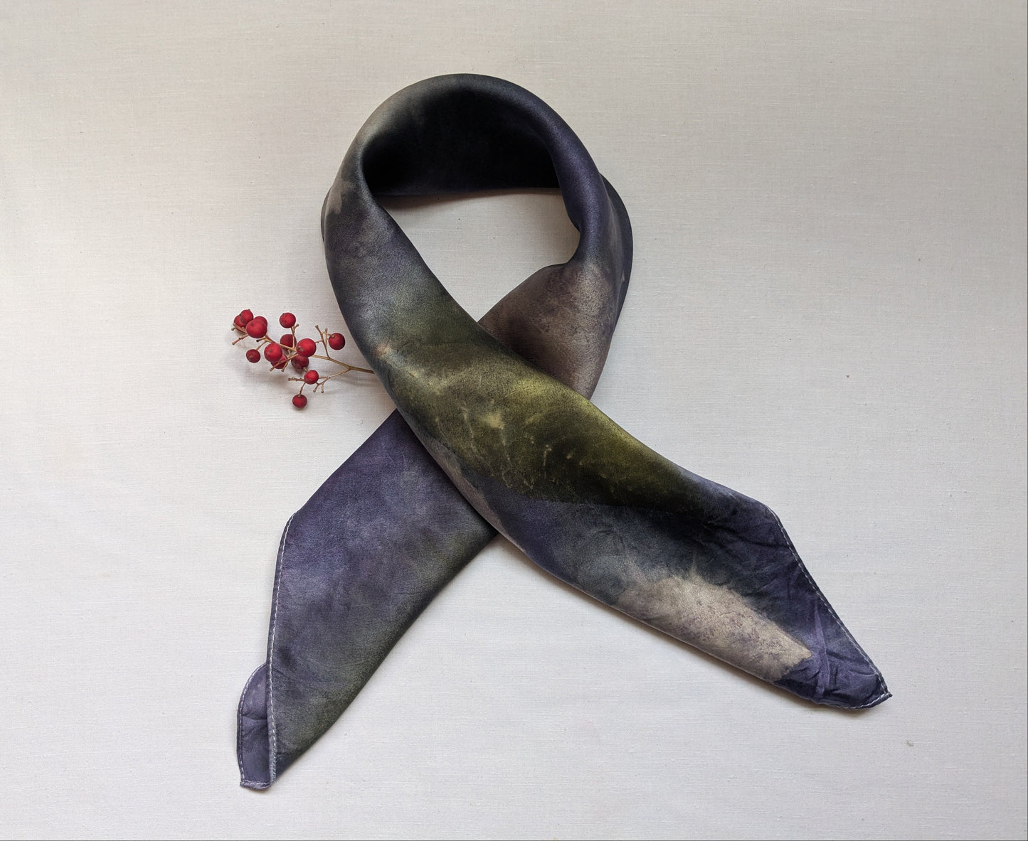 Eco printed natural silk satin scarf, logwood and leaves