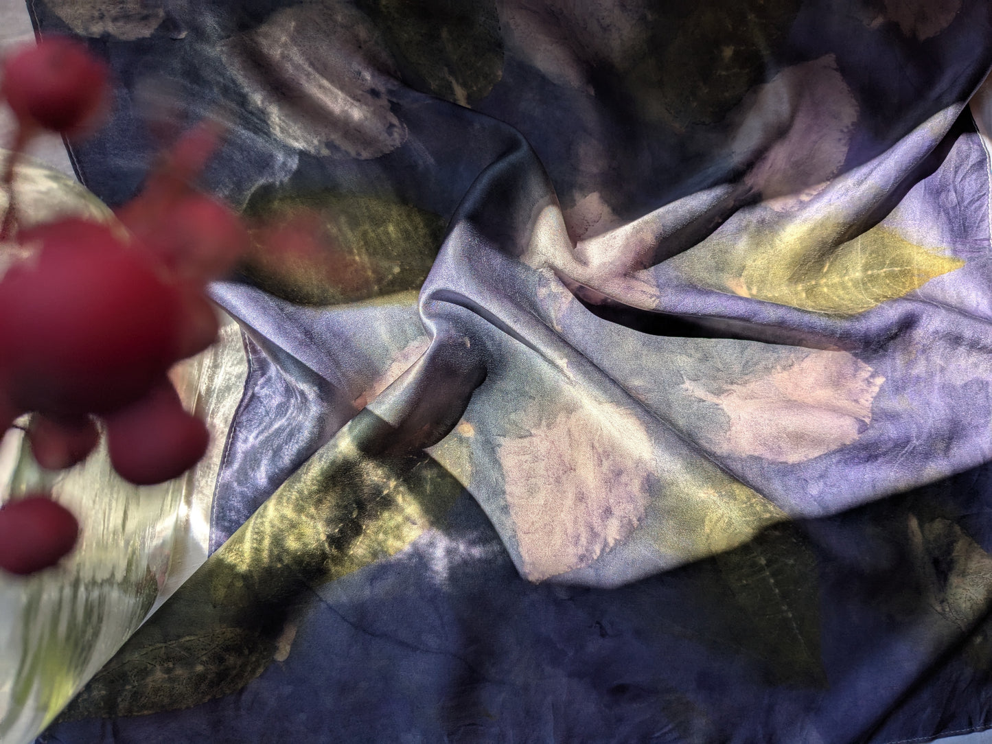 Eco printed natural silk satin scarf, logwood and leaves