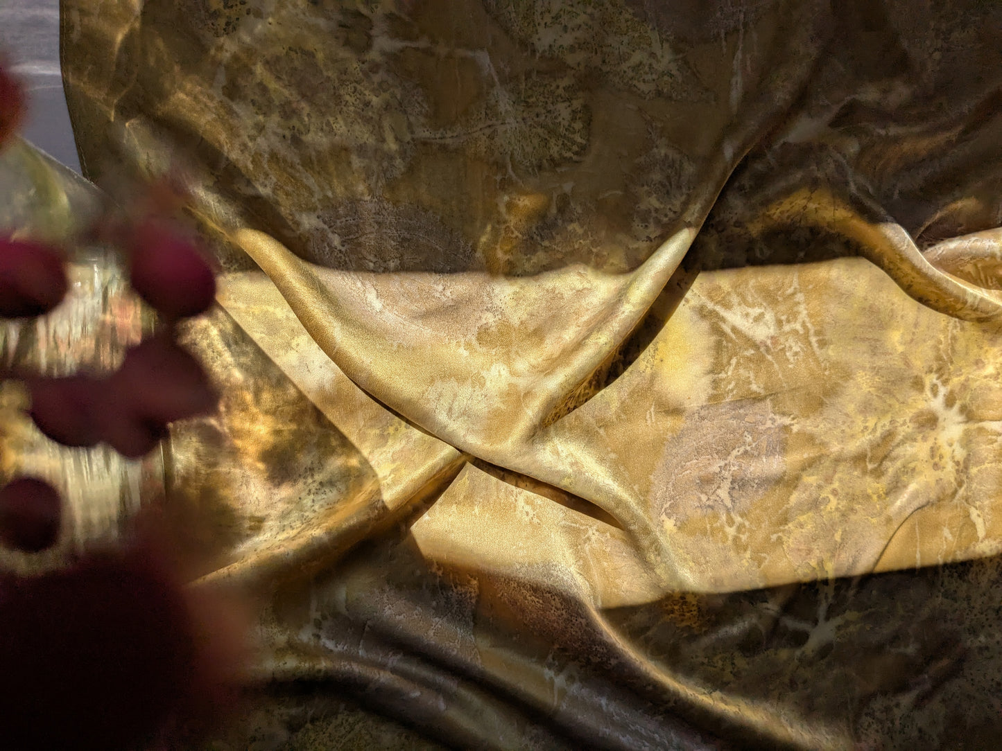 Eco printed natural silk satin scarf, pomegranate and leaves