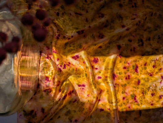 Plant dyed natural silk satin scarf, cochineal, logwood and marigolds