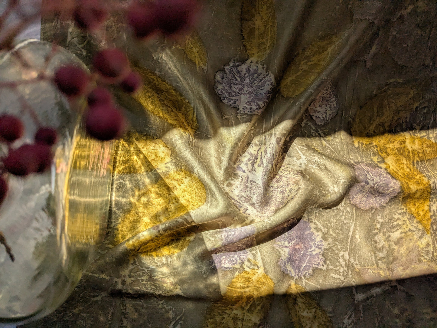 Pomegranate dyed silk scarf, eco printed with geranium leaves