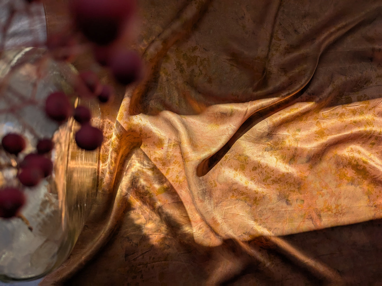 Eco-Dyed Madder Silk Scarf with Leaf Prints