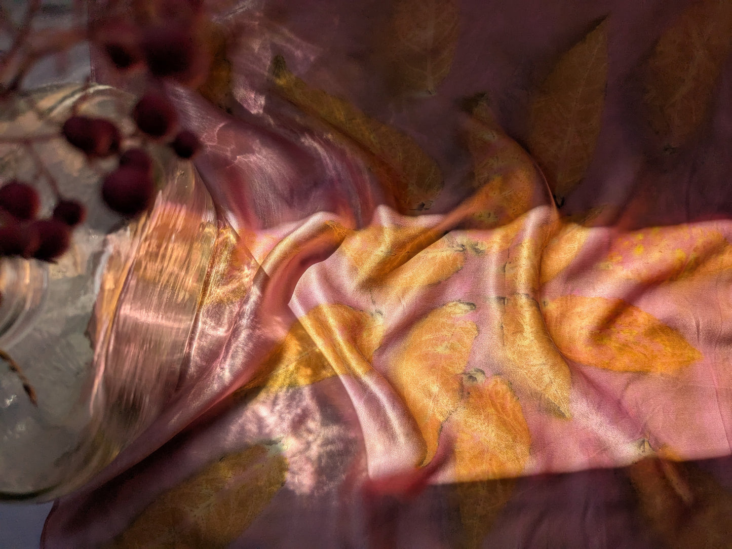 Pink eco printed silk scarf with sumac leaves