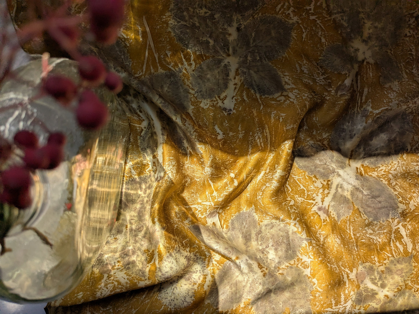 Blackberry leaves eco-printed natural silk scarf