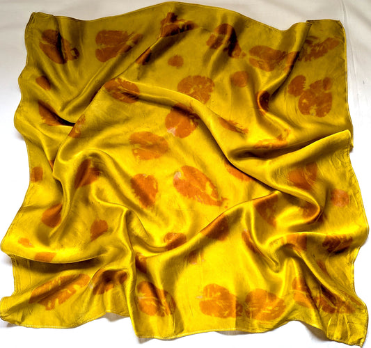 Eco printed yellow silk scarf with eucalyptus leaves