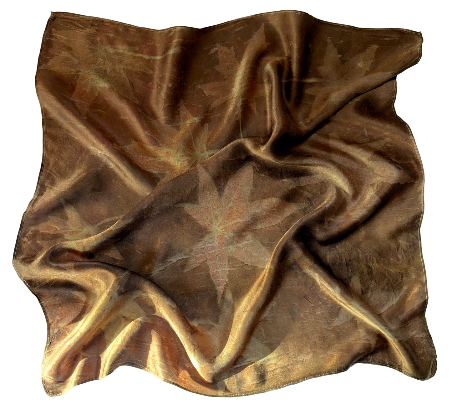 Eco printed brown silk scarf with leaves