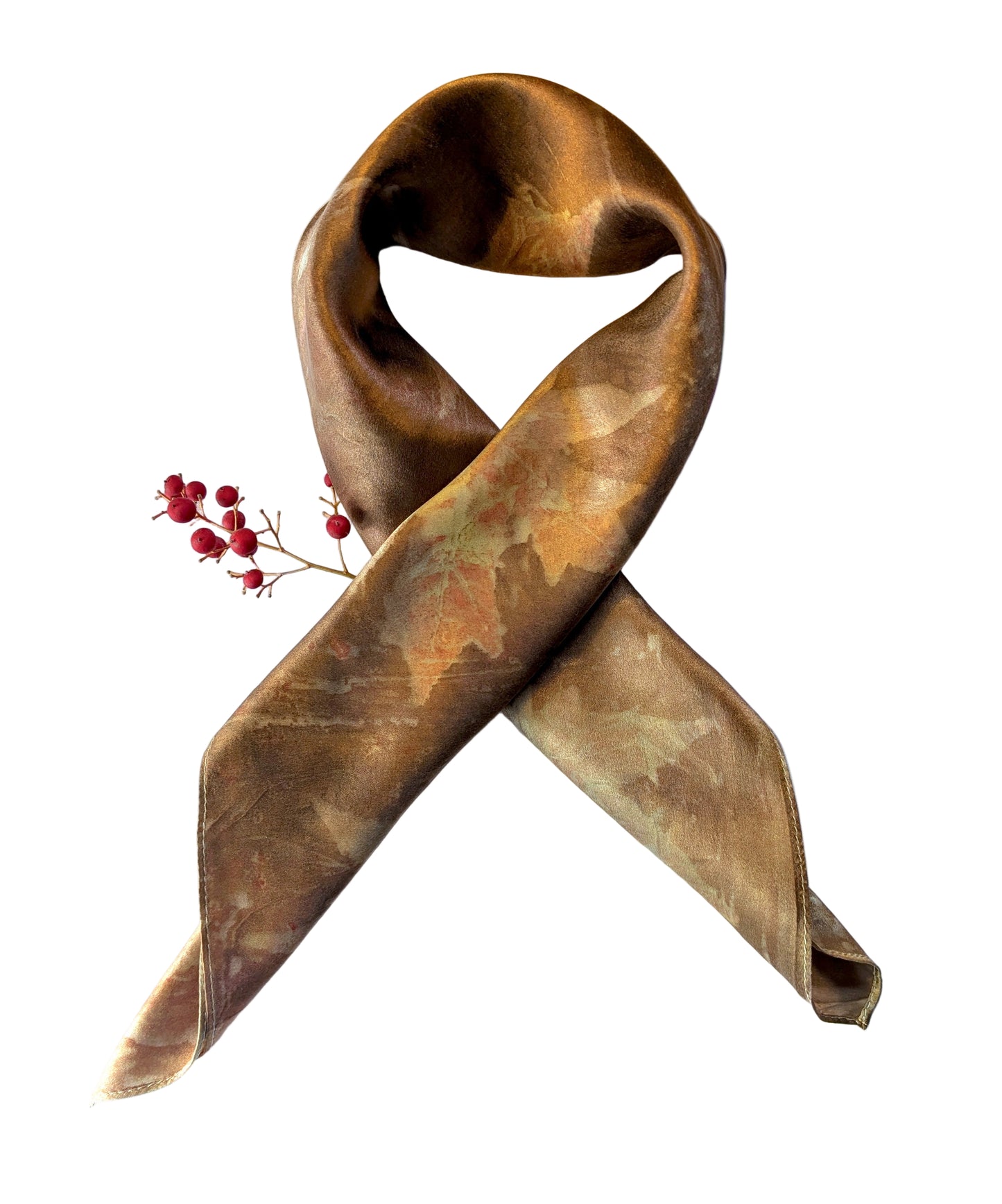 Eco printed brown silk scarf with leaves