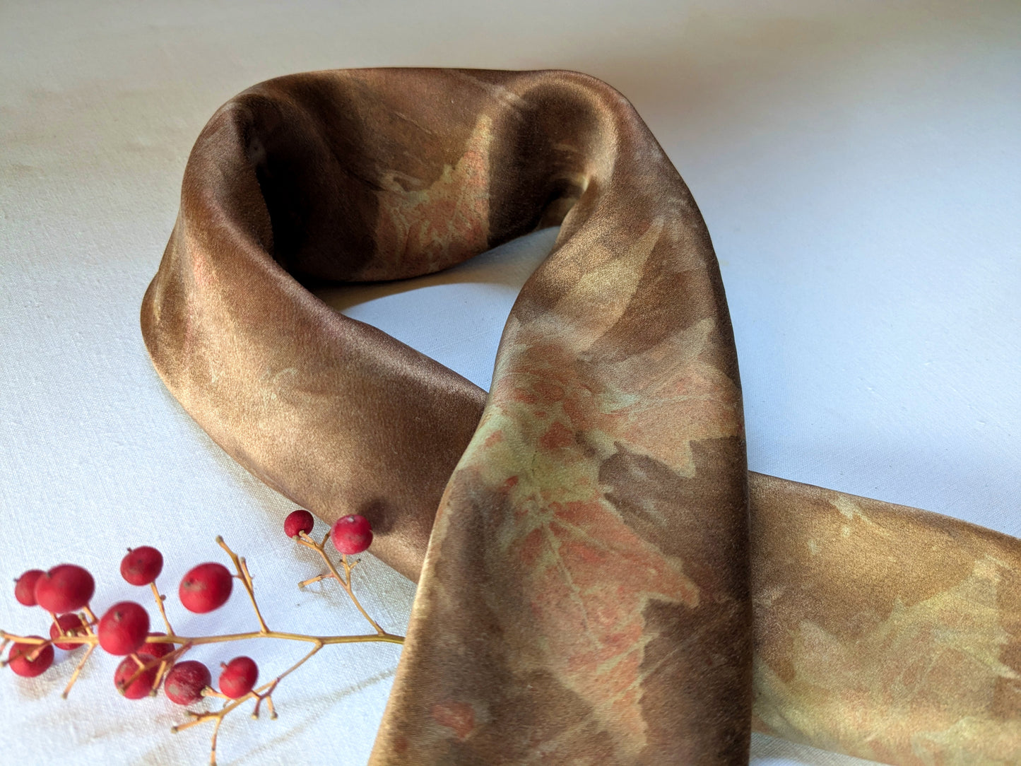 Eco printed brown silk scarf with leaves