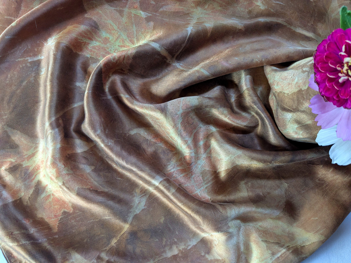 Eco printed brown silk scarf with leaves