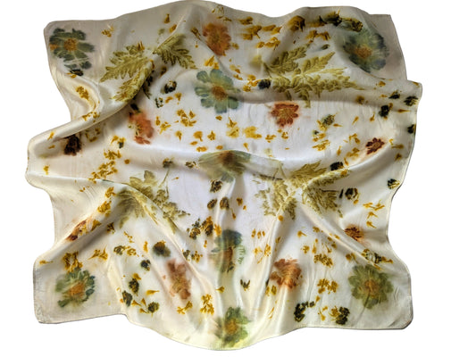 Eco printed silk satin scarf with flowers