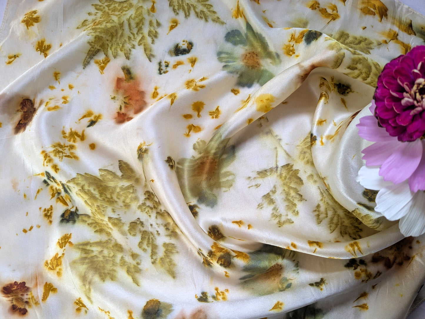 Eco printed silk satin scarf with flowers