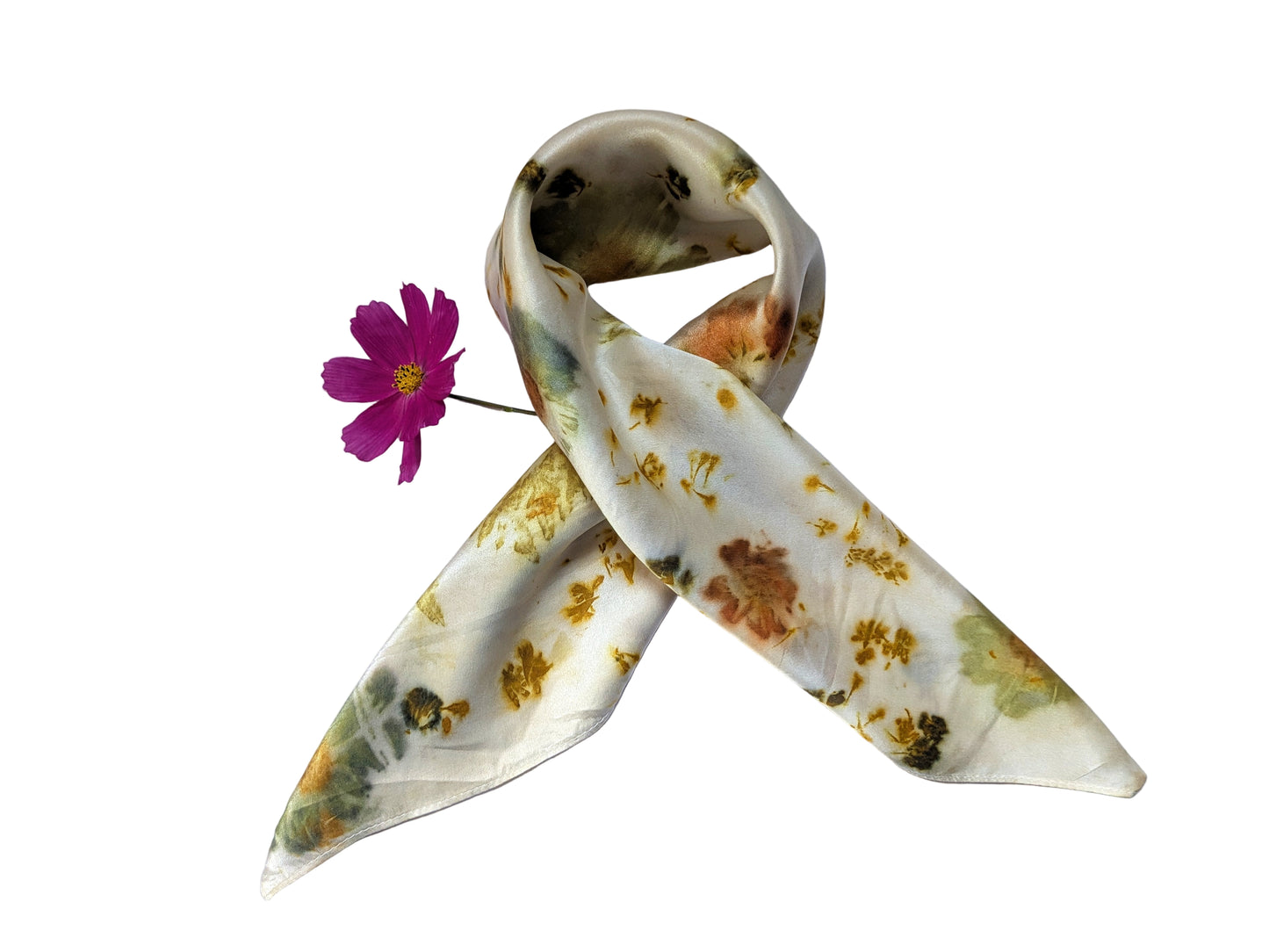 Eco printed silk satin scarf with flowers
