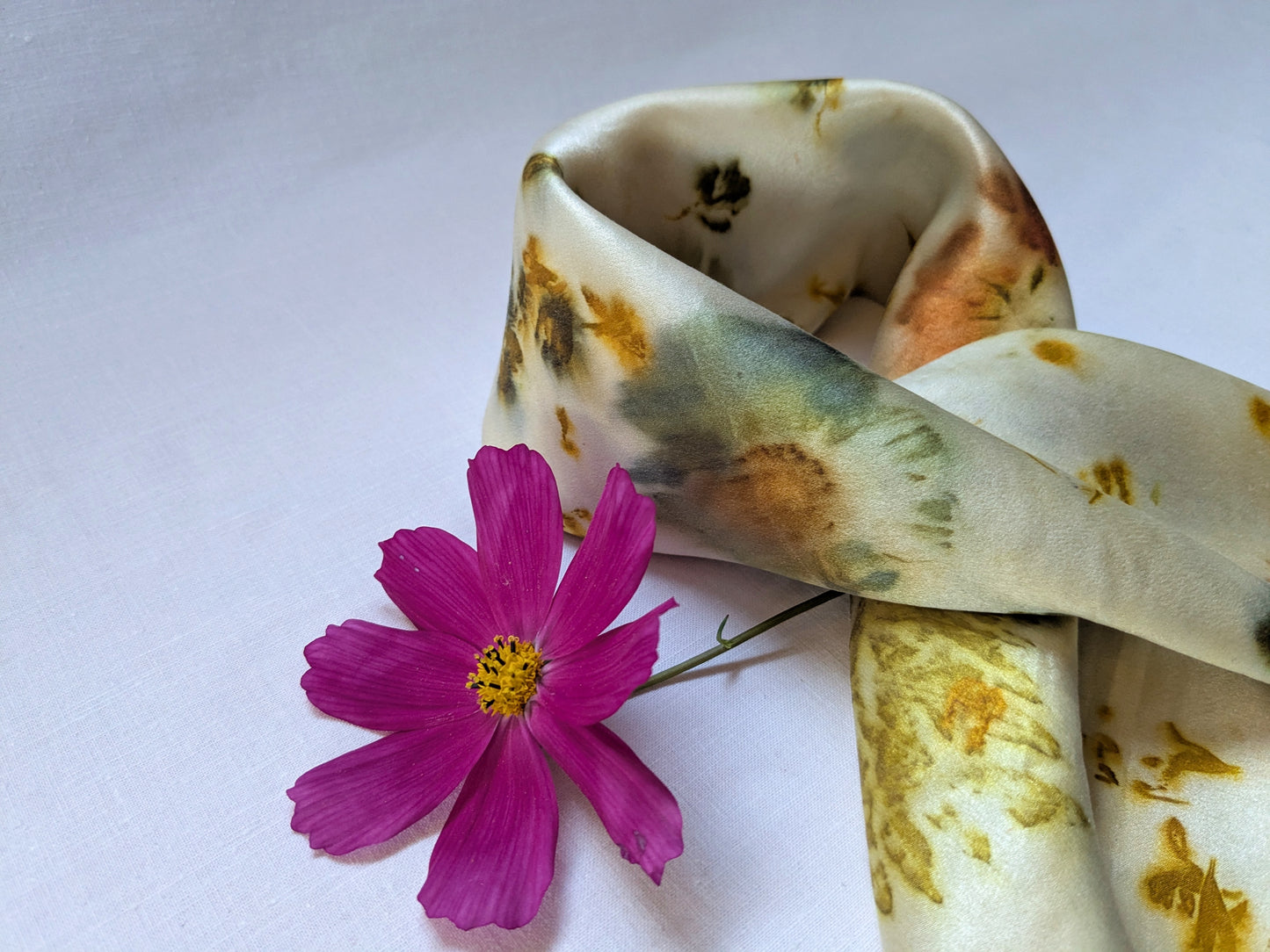 Eco printed silk satin scarf with flowers