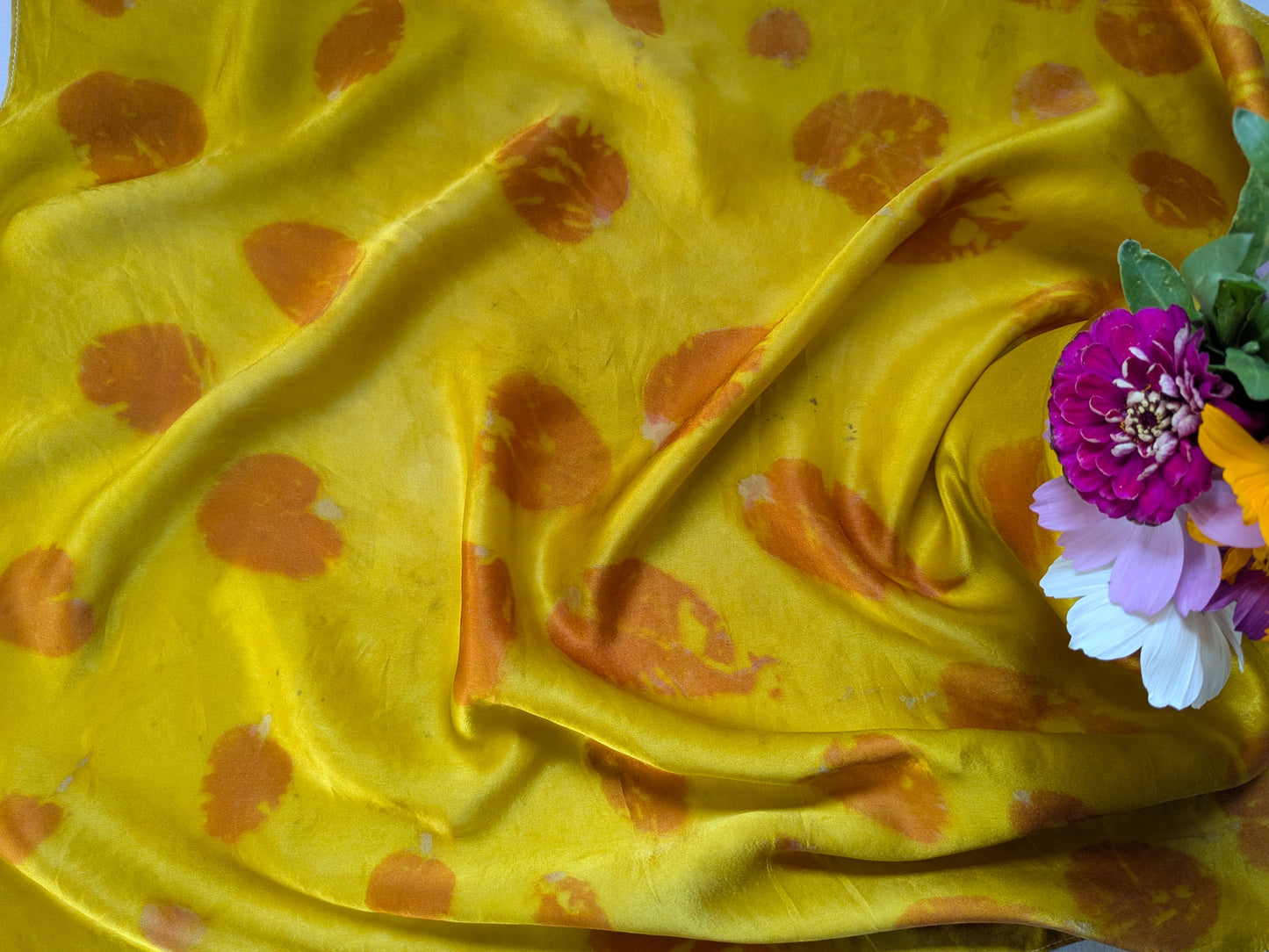 Eco printed yellow silk scarf with eucalyptus leaves