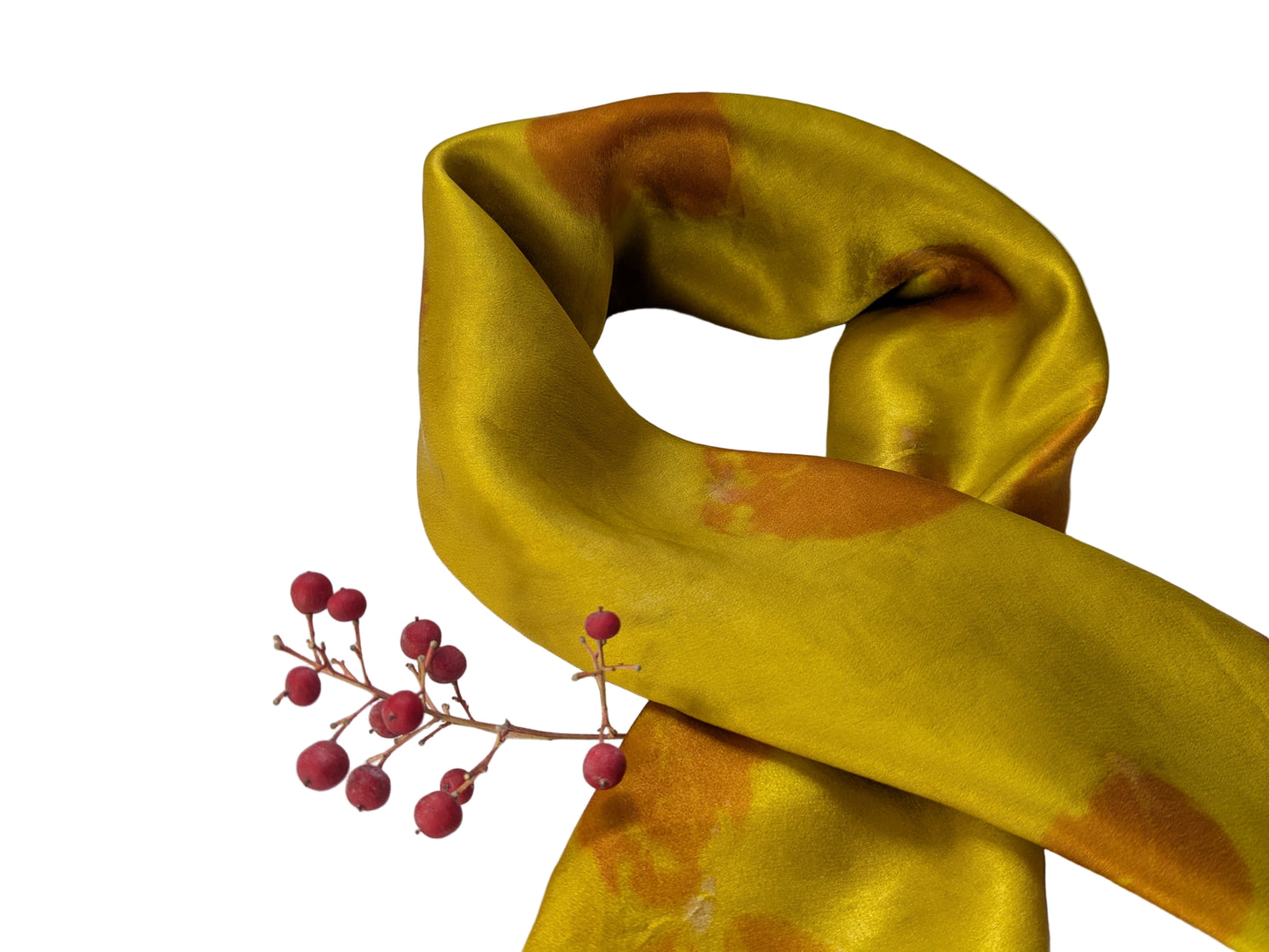 Eco printed yellow silk scarf with eucalyptus leaves