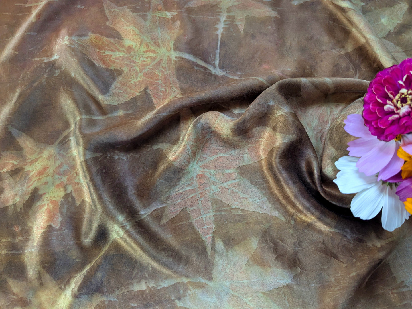 Eco printed brown silk scarf with leaves