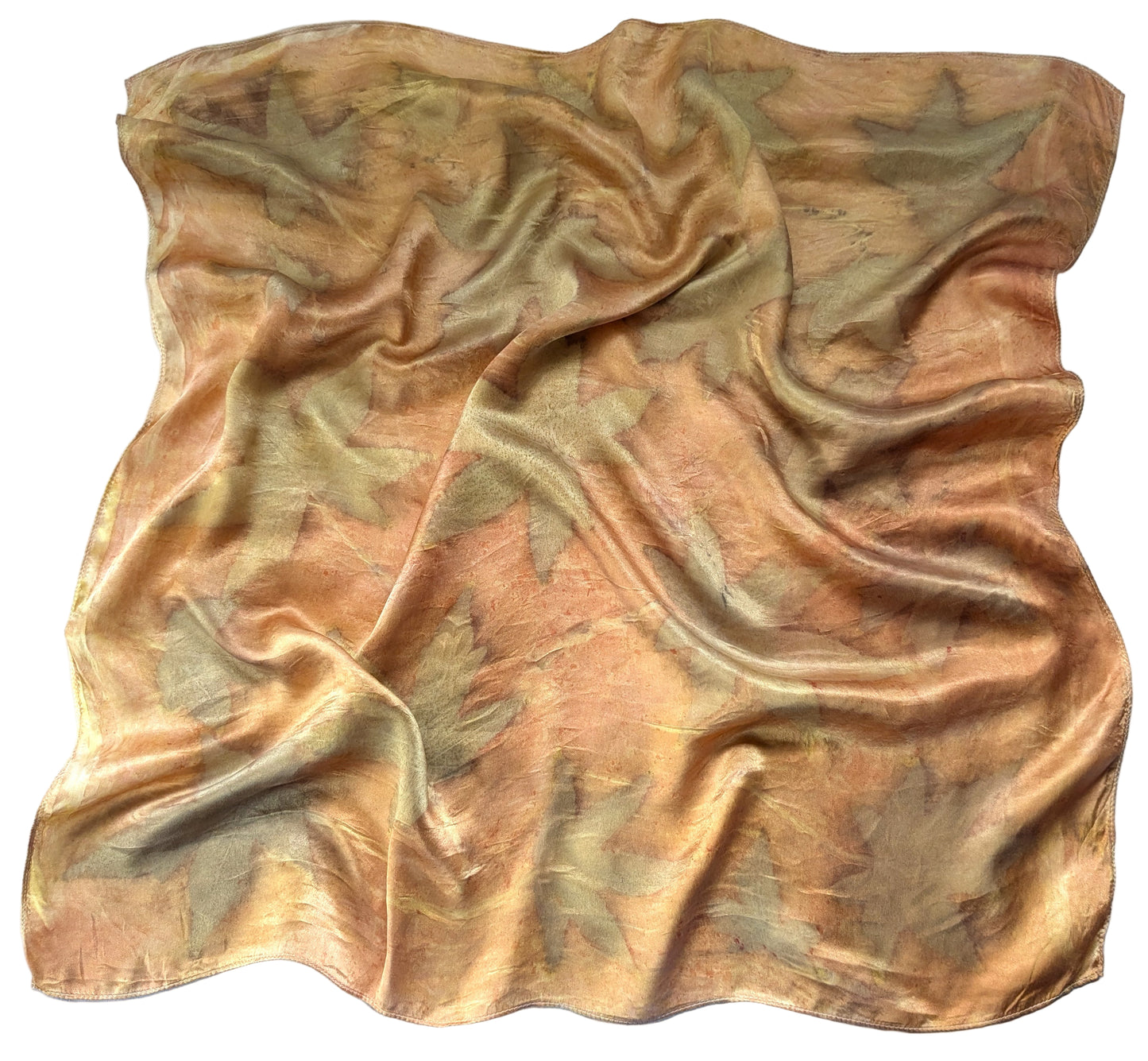 Orange colored silk satin scarf, eco printed with leaves