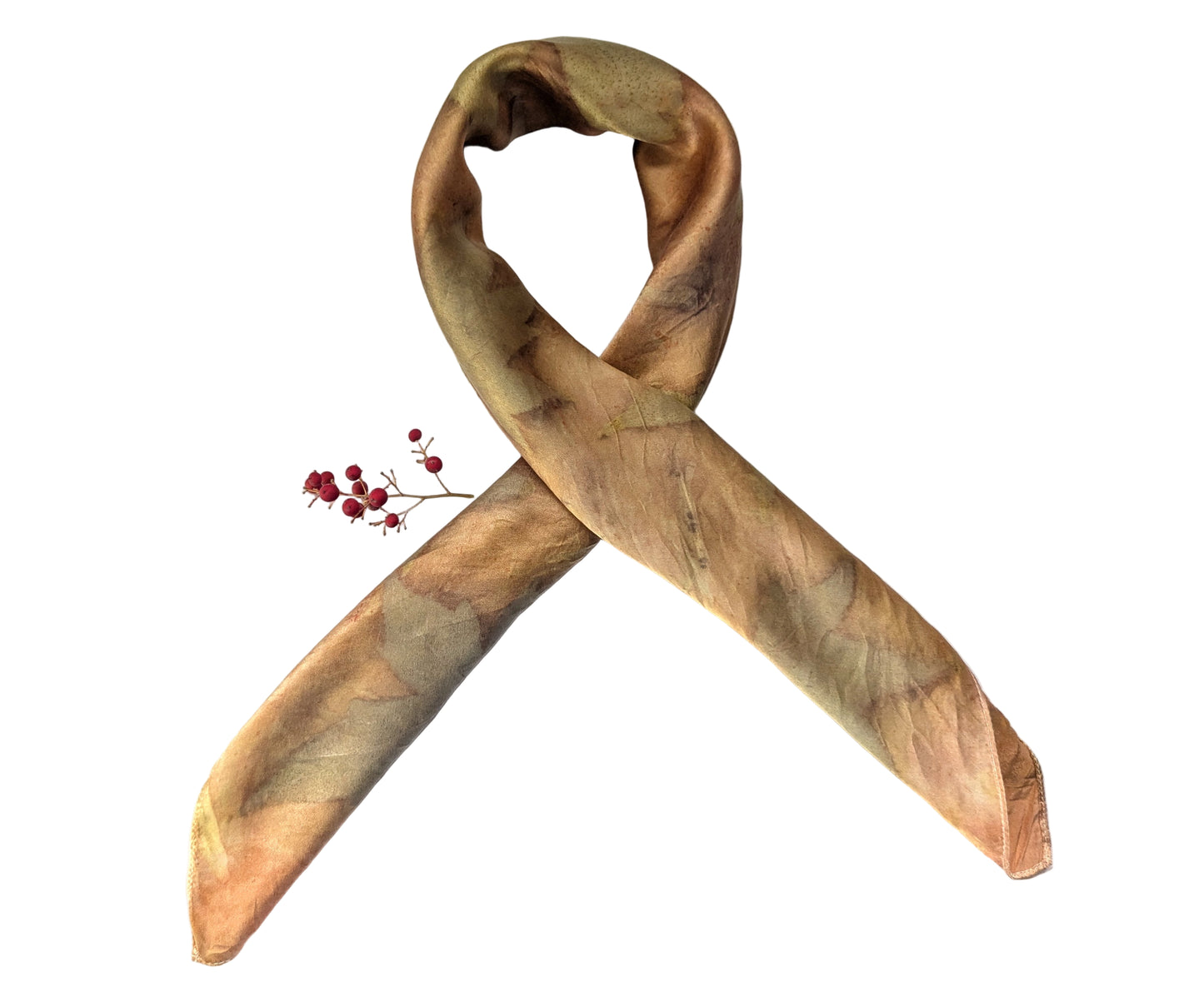 Orange colored silk satin scarf, eco printed with leaves