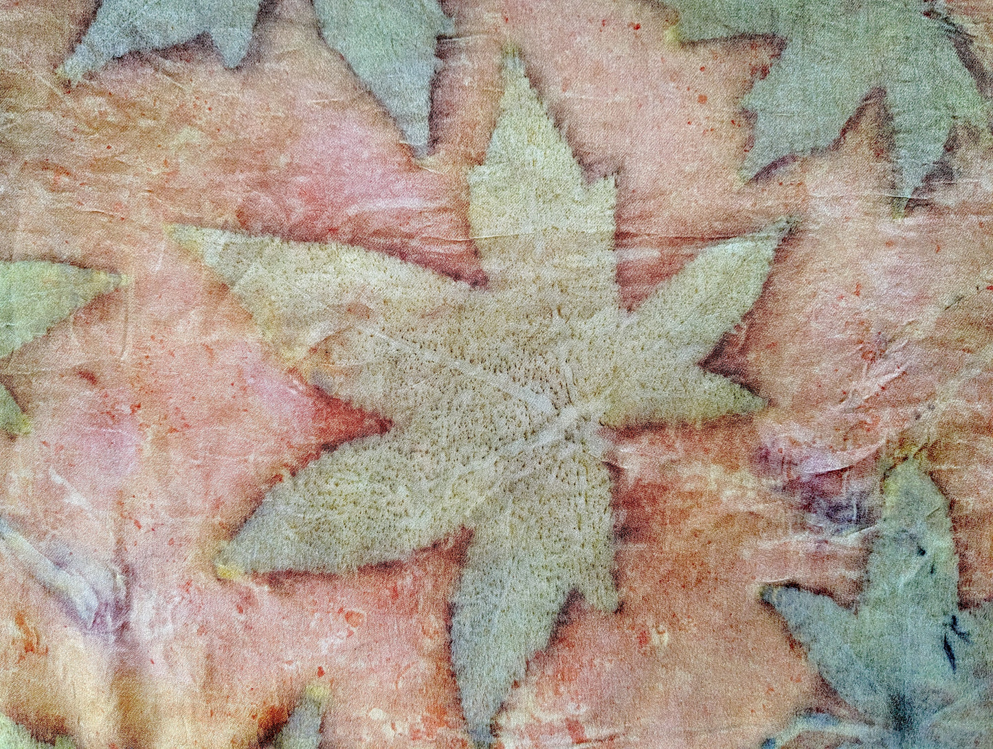 Orange colored silk satin scarf, eco printed with leaves