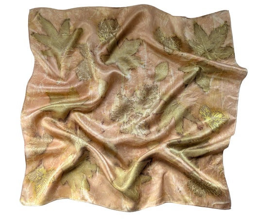 Soft red colored silk satin scarf, eco printed with leaves