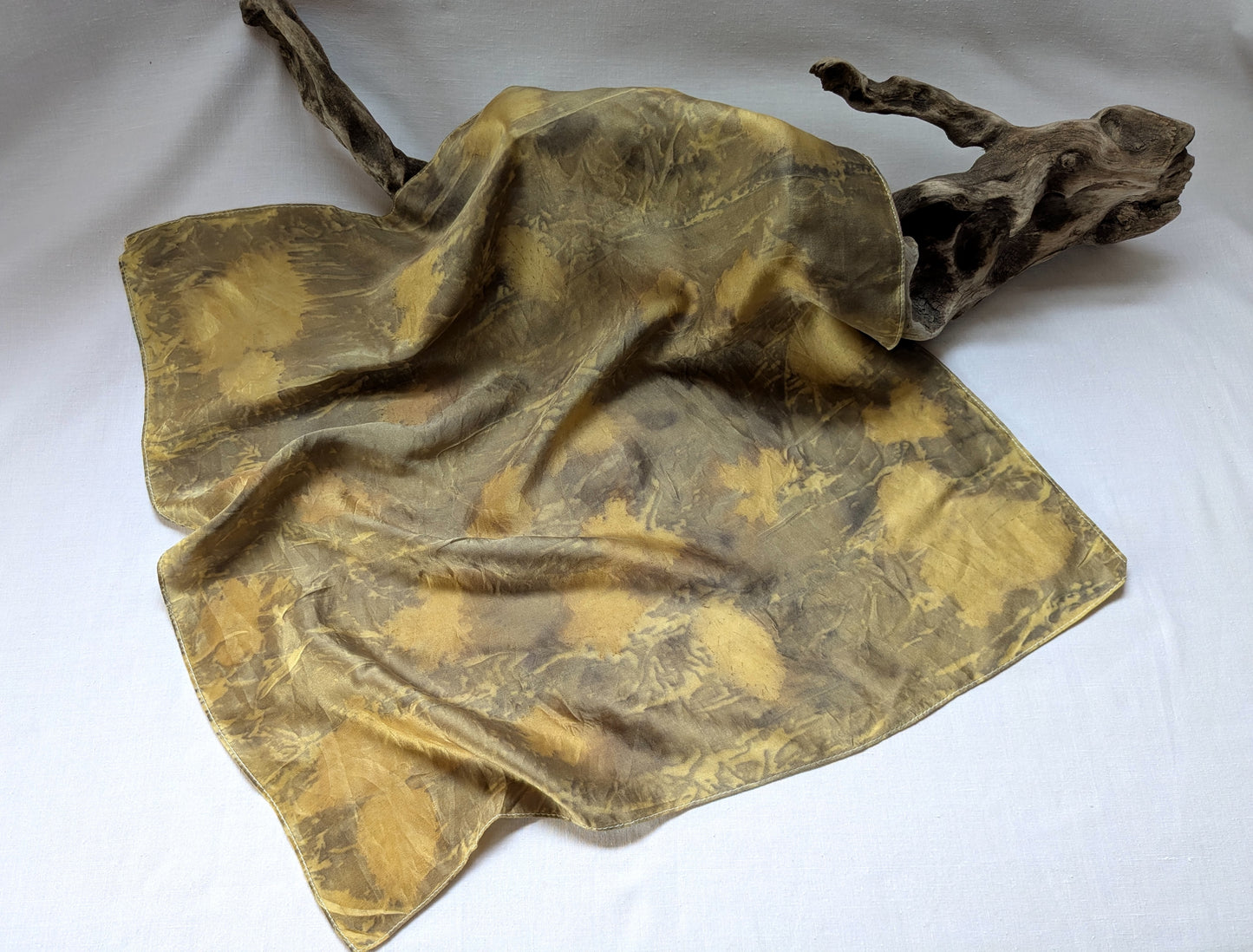 Mustard colored silk satin scarf, eco printed with leaves
