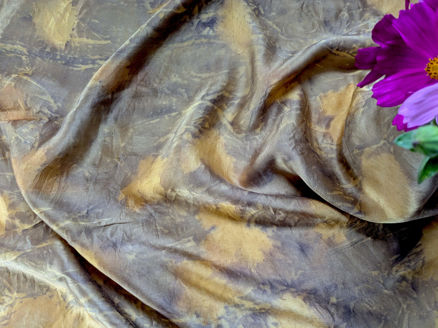 Mustard colored silk satin scarf, eco printed with leaves