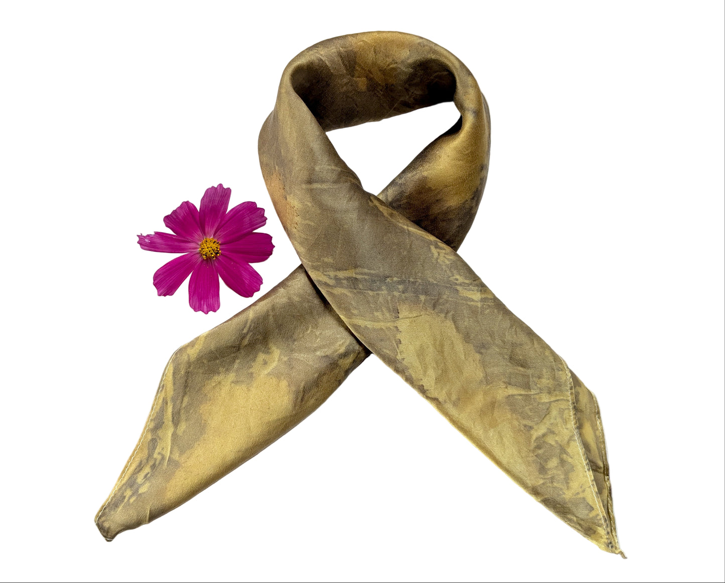 Mustard colored silk satin scarf, eco printed with leaves