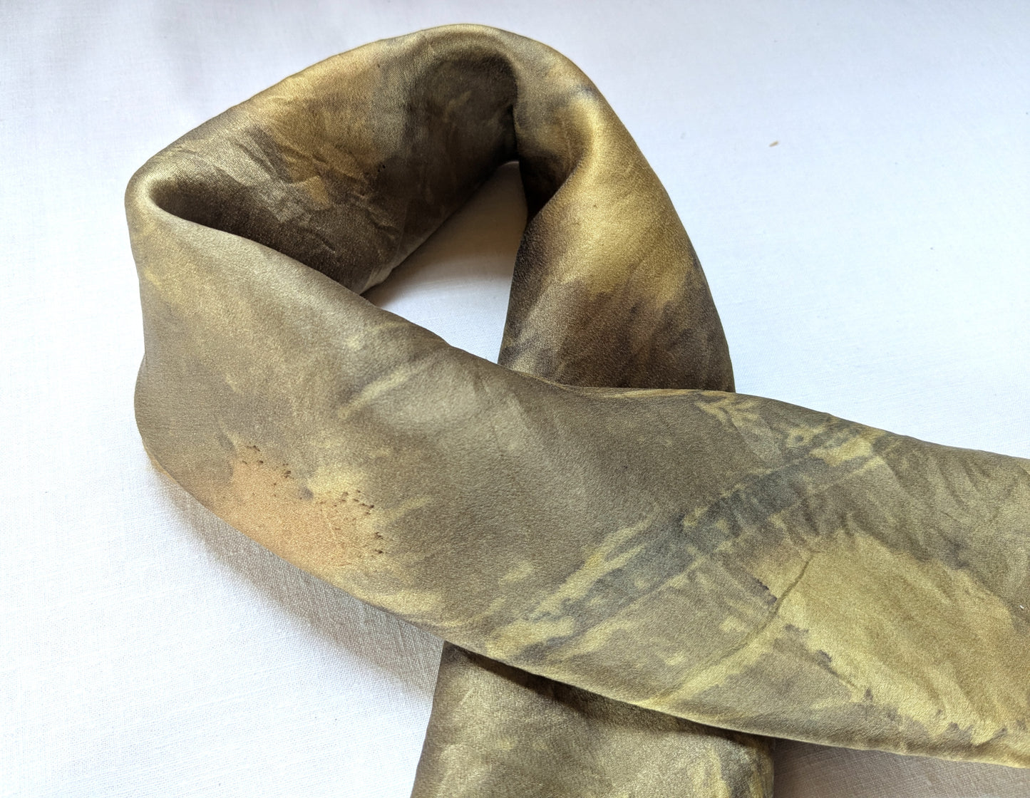 Mustard colored silk satin scarf, eco printed with leaves