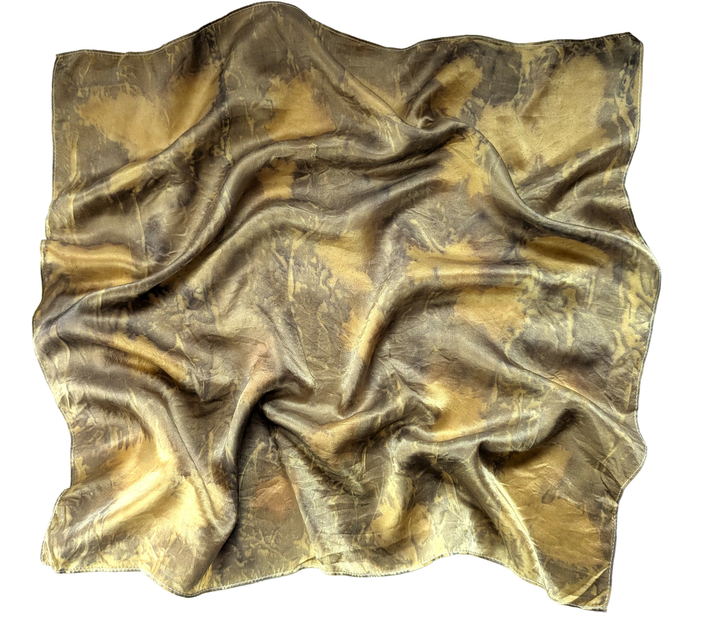 Mustard colored silk satin scarf, eco printed with leaves