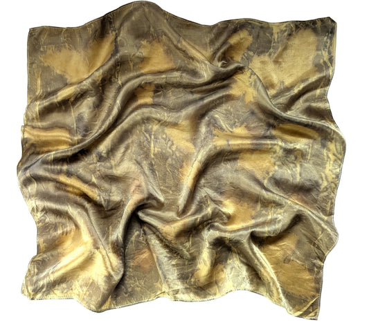 Mustard colored silk satin scarf, eco printed with leaves