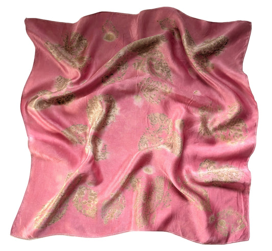 Cochineal dyed natural silk satin scarf, eco printed with leaves