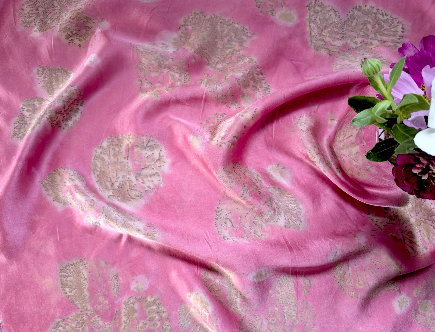 Cochineal dyed natural silk satin scarf, eco printed with leaves