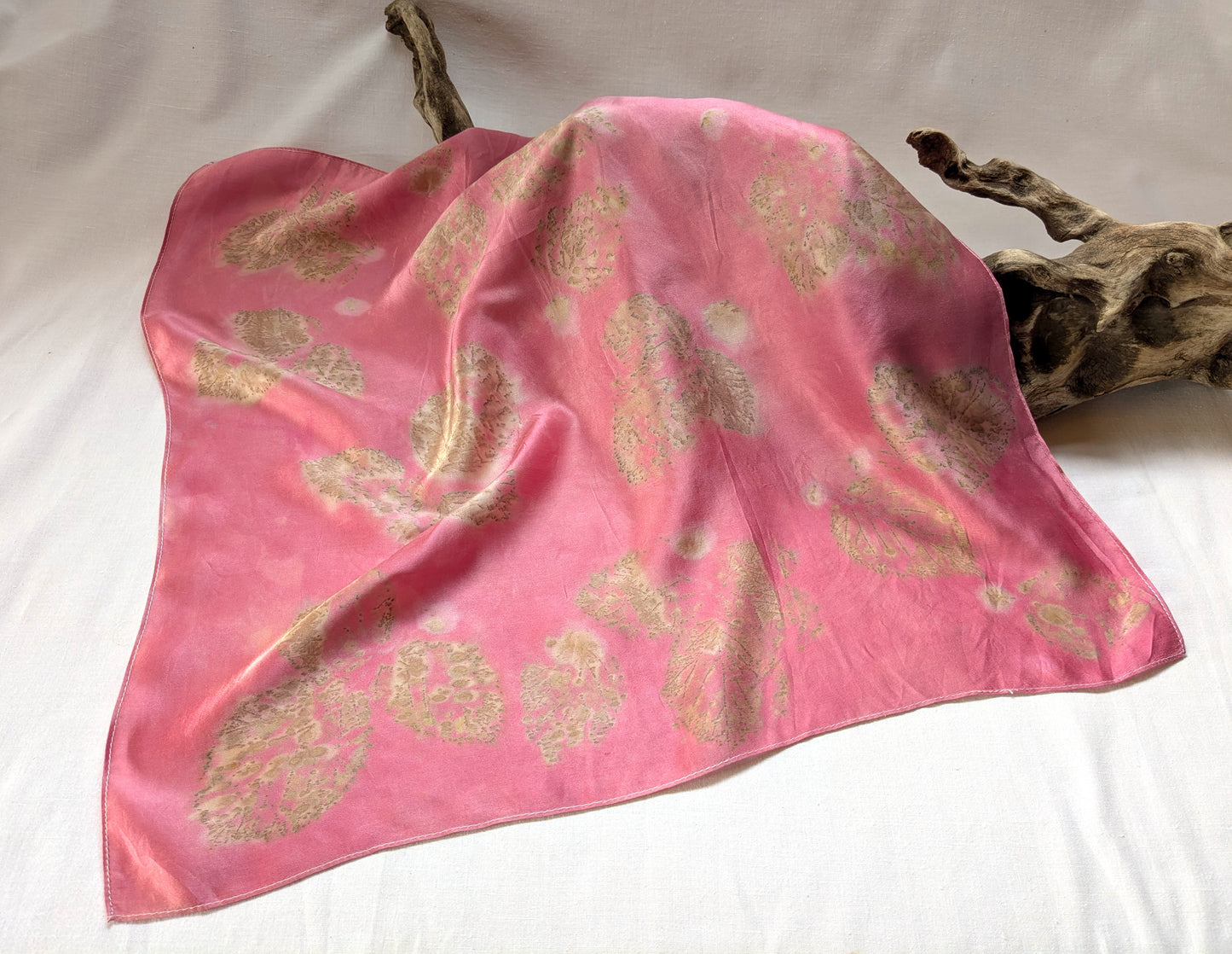 Cochineal dyed natural silk satin scarf, eco printed with leaves