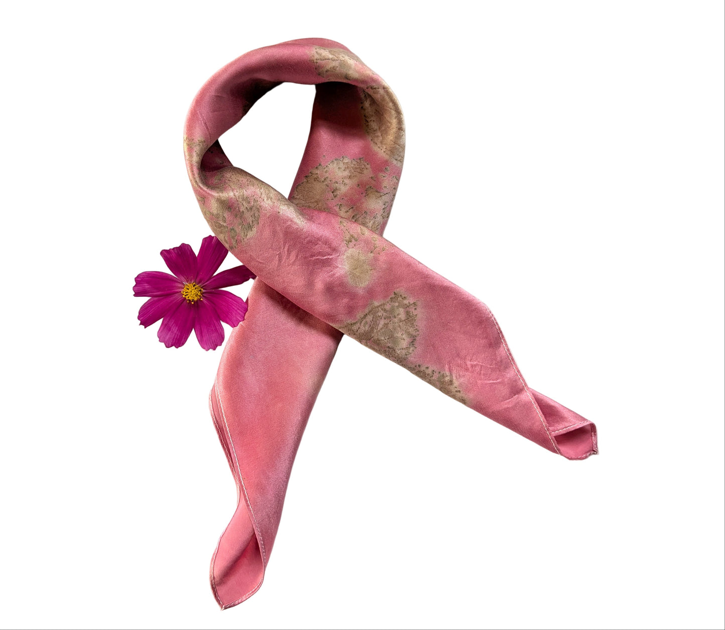 Cochineal dyed natural silk satin scarf, eco printed with leaves