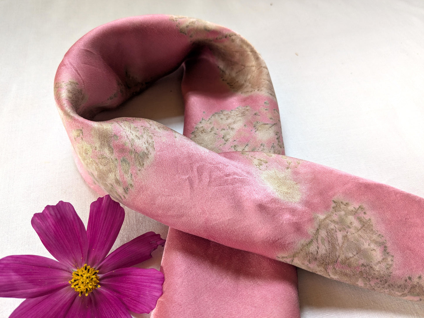Cochineal dyed natural silk satin scarf, eco printed with leaves