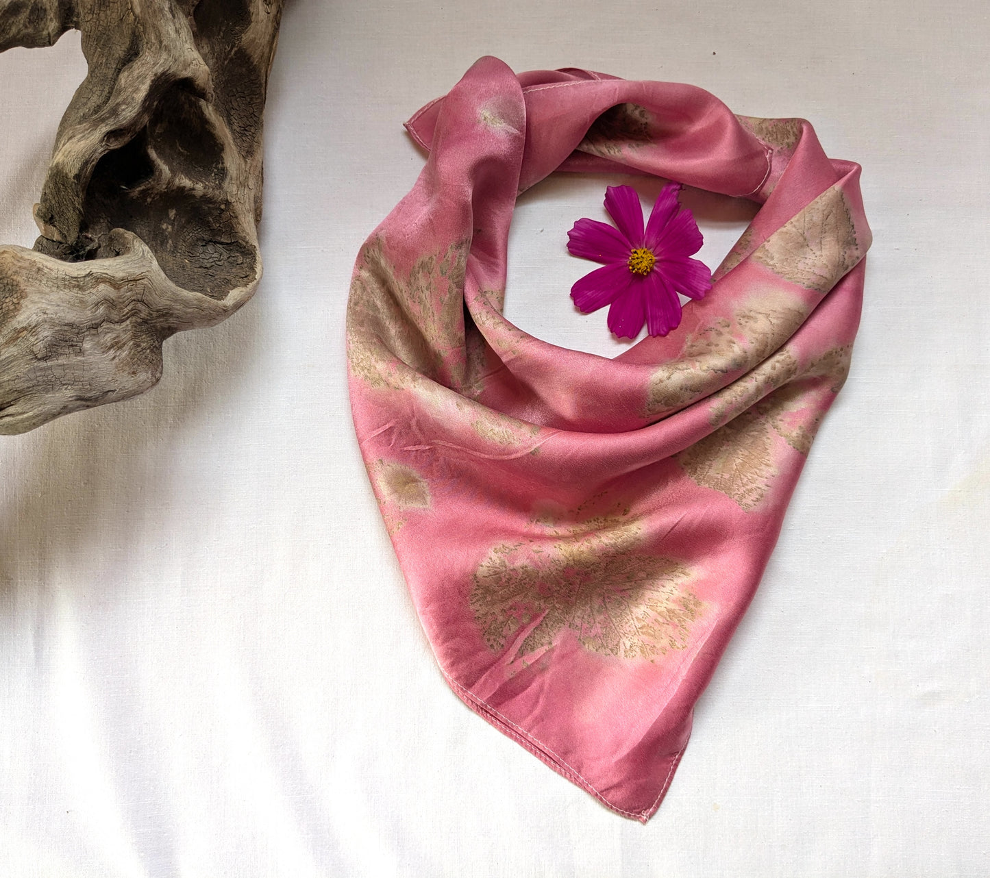 Cochineal dyed natural silk satin scarf, eco printed with leaves