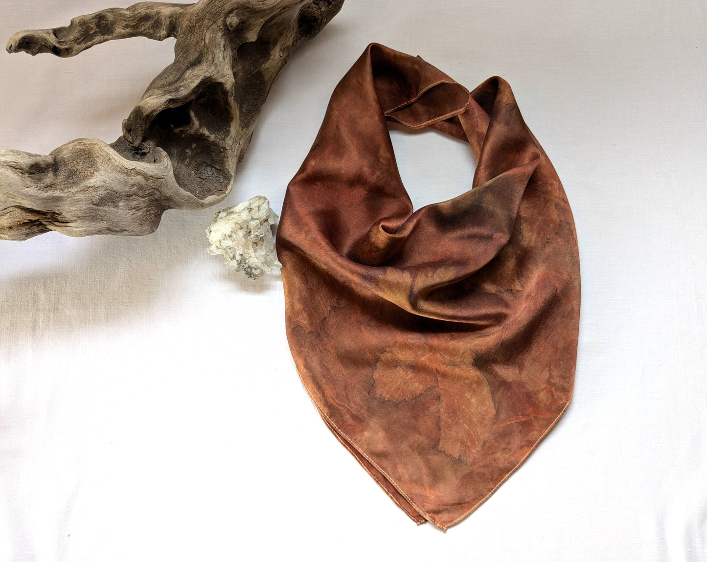 Autumn scarf, madder dyed and eco printed leaves