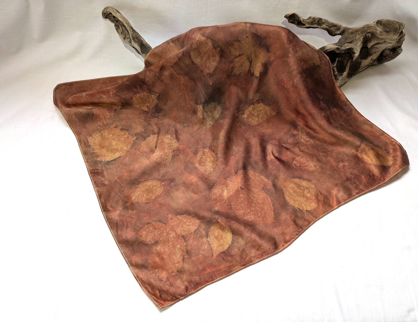 Autumn scarf, madder dyed and eco printed leaves
