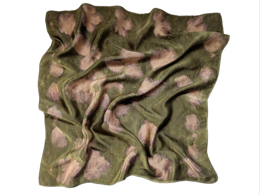 Naturally dyed army green natural silk scarf, eco printed purple leaves