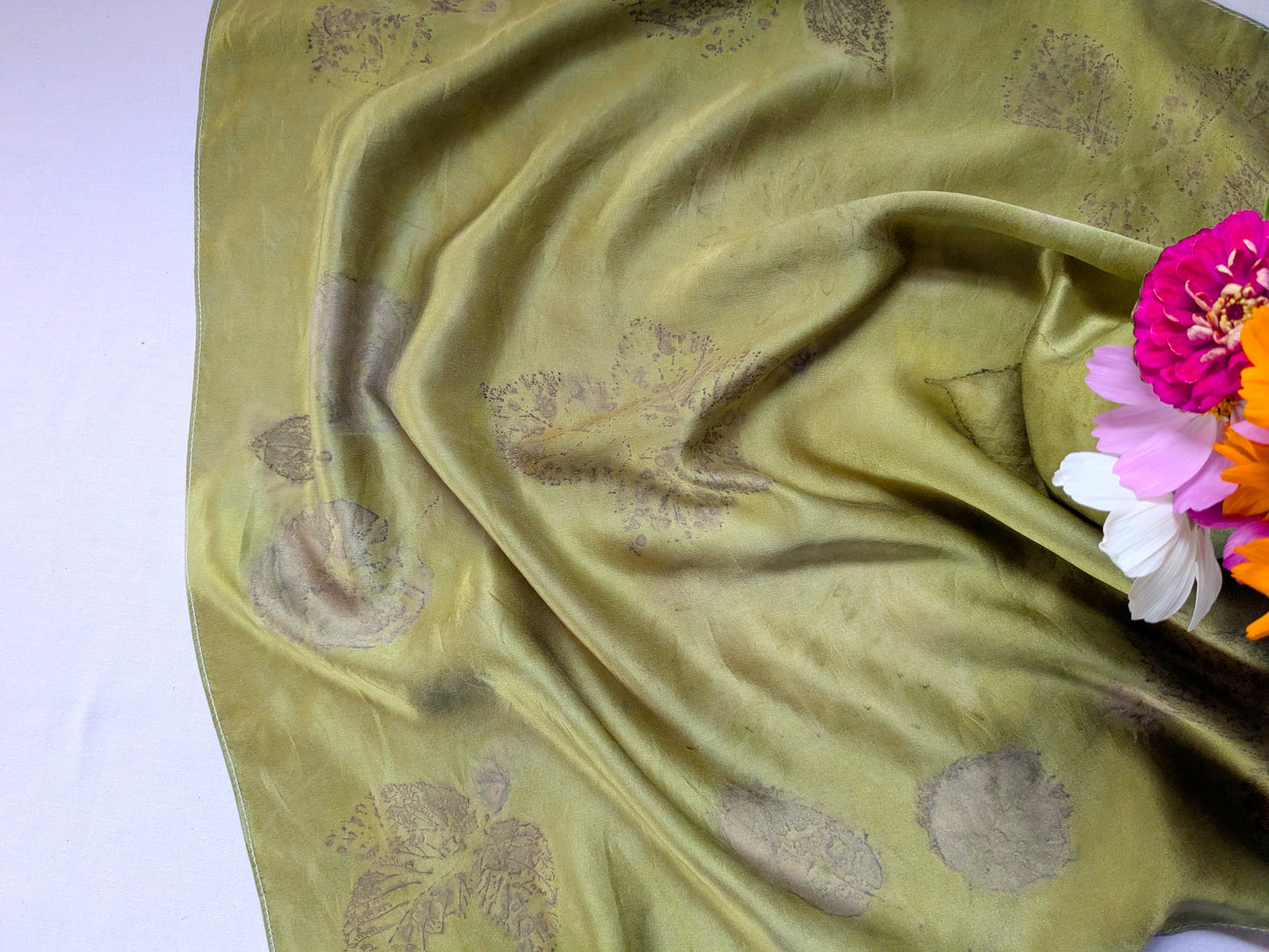 Eco printed army green natural silk scarf