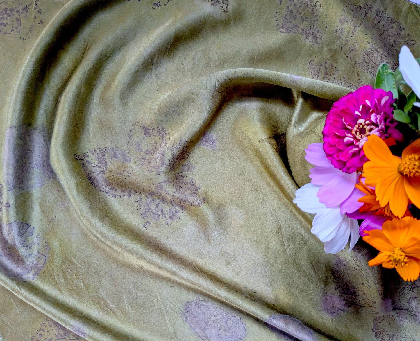 Eco printed army green natural silk scarf