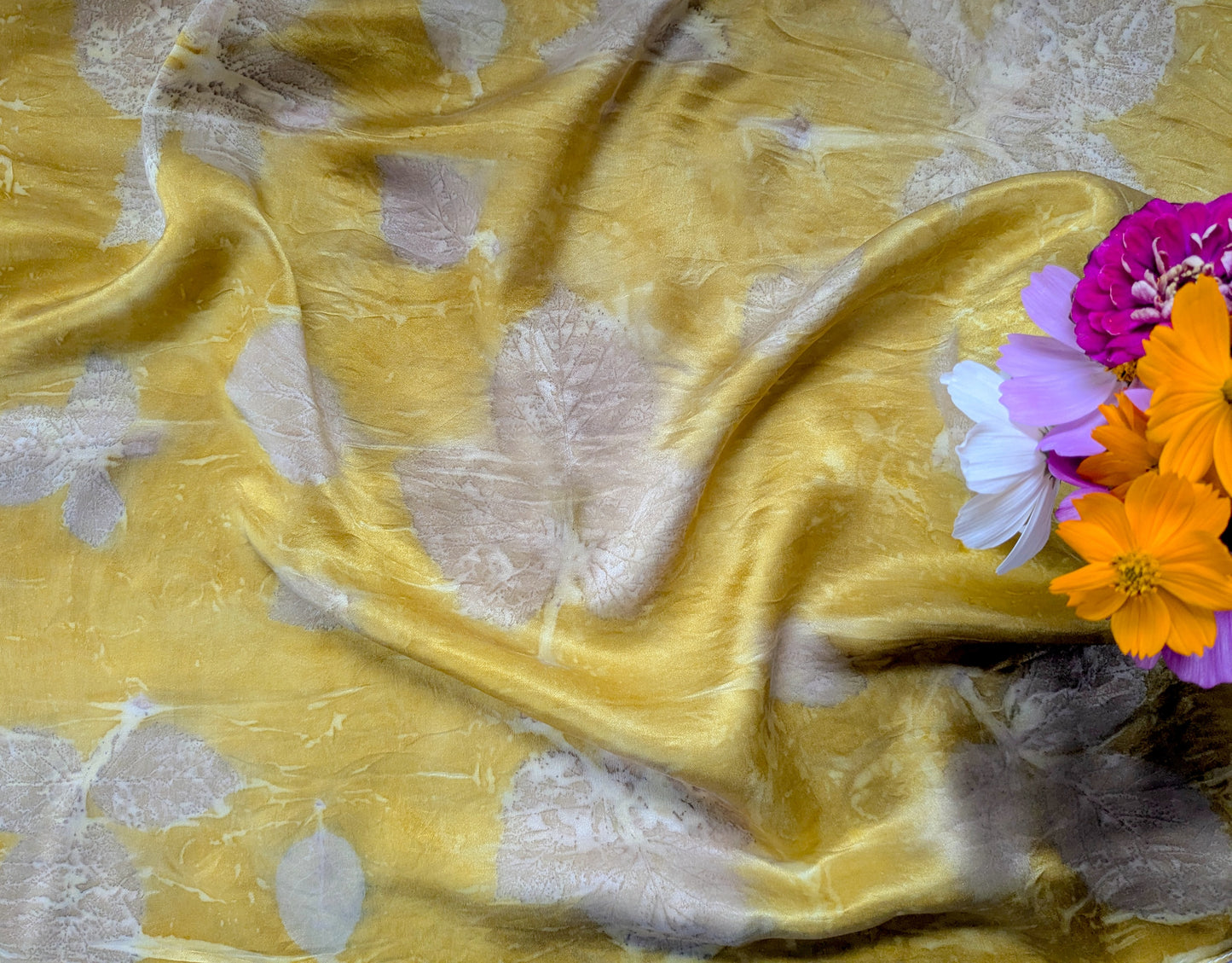 Marigold dyed natural silk scarf, eco printed with blackberry leaves